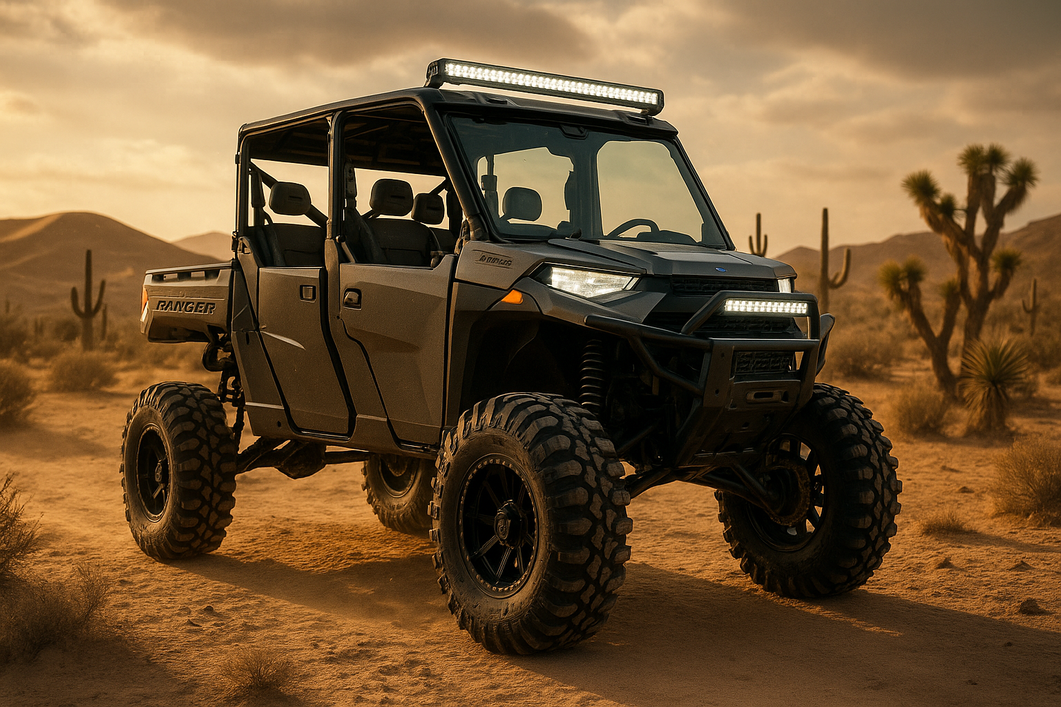 I am a SXS enthusiast, I want to have a nice upgraded picture of a Polaris Ranger 4 seat UTV lifted with 32 Inch tires with a desert background. I would like this to be a hyper realistic image.